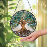 Tree of Life Stained Glass Suncatcher, Round Window Panel with Roots and Branches, Nature Spiritual Home Decor, Symbolic Glass Gift
